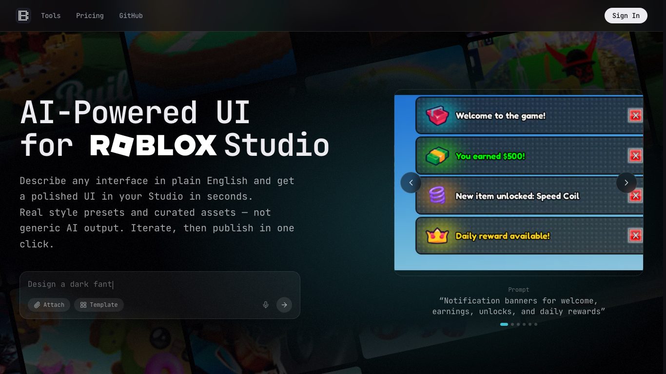 The BloxSmith homepage showing prompt-to-Studio interface generation, captured September 2, 2026
