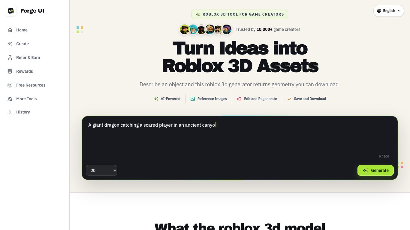 The Forge UI 3D generator page, which sets expectations about drafts rather than shipped assets, captured September 2, 2026