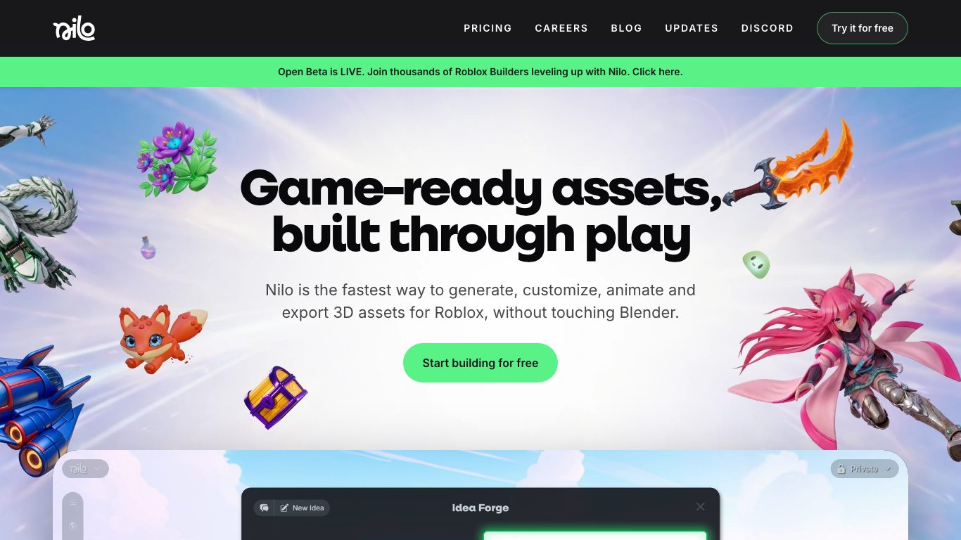 The Nilo homepage, positioned on generating and animating game-ready 3D for Roblox, captured September 2, 2026