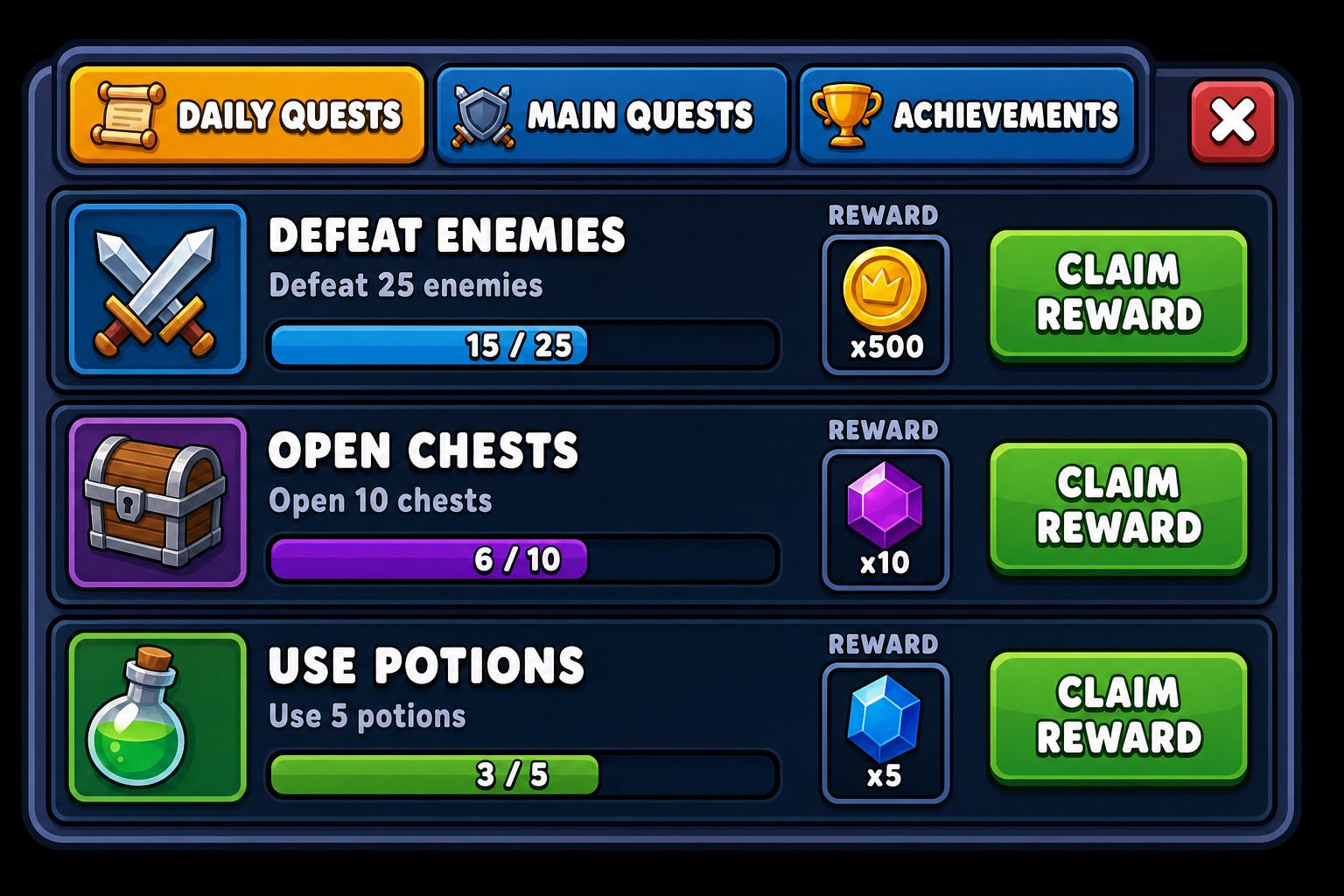 A generated quest log panel with a tab row and three quest rows, each showing a progress bar, a reward chip and its own claim button