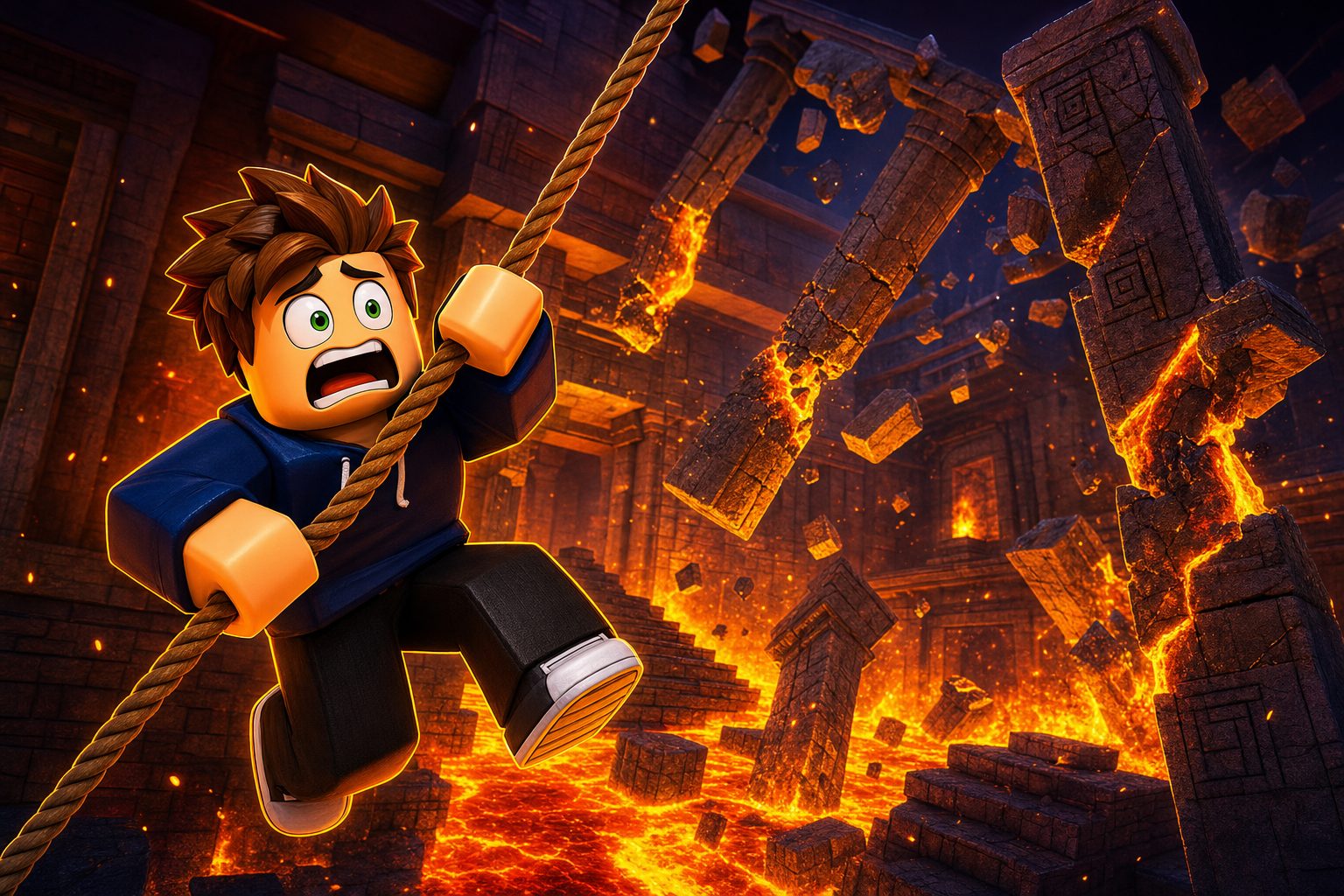 A generated Roblox-style thumbnail of a player swinging across a collapsing lava temple