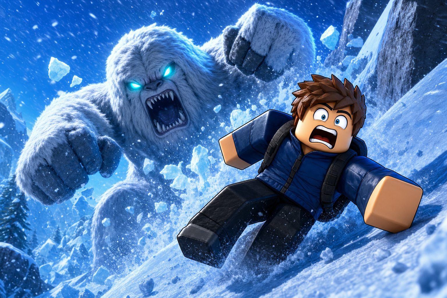 A generated Roblox-style thumbnail of a climber sliding down an icy ridge as a yeti breaks through the snow